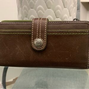 Fossil Dark Brown Leather Wallet with Green Stitching
